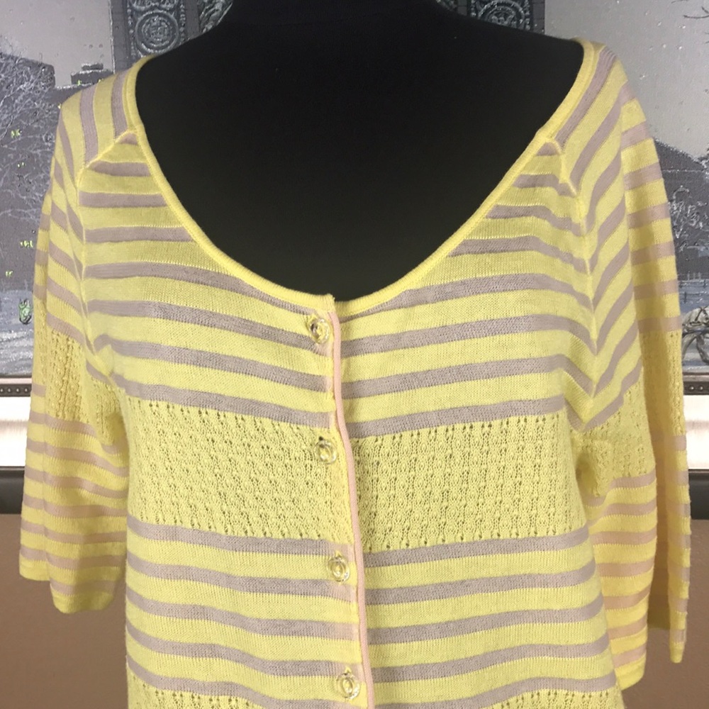 MOTH yellow and beige button front 1/2 sleeve striped sweater shirt womens Large - Picture 3 of 6
